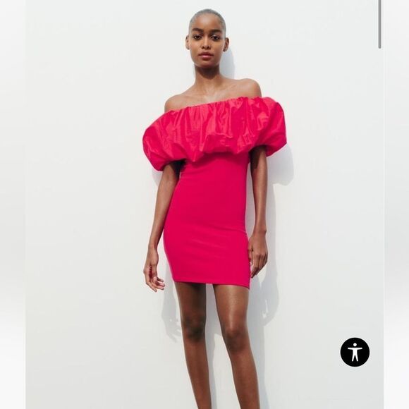 Zara smocked Puff OFF THE SHOULDER DRESS in hot pink S - Picture 4 of 5